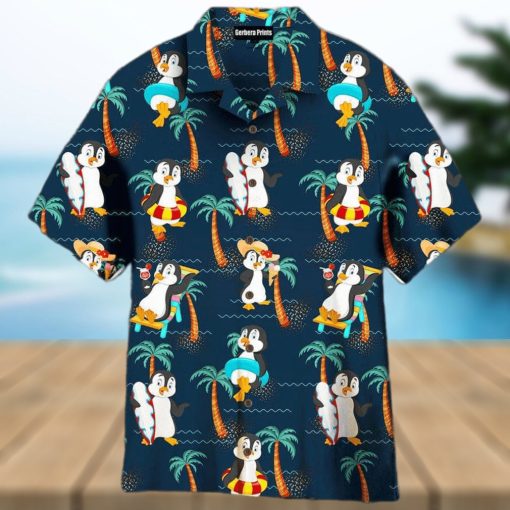Penguin On Summer Vacation Coconut Palm Trees Pattern Aloha 3D Hawaiian Shirt For Men And Women