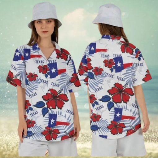 Texas Map And Flag Tropical Floral Hawaian Shirt For Women