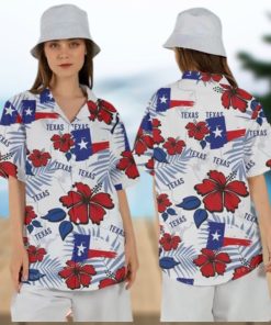 Texas Map And Flag Tropical Floral Hawaian Shirt For Women