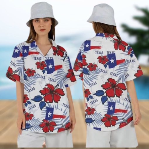 Texas Map And Flag Tropical Floral Hawaian Shirt For Women