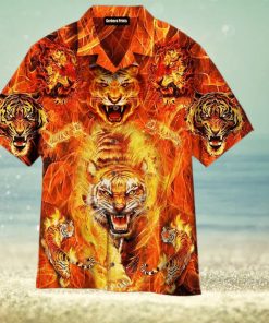 Tiger Playing With Fire Flame Pattern Aloha 3D Hawaiian Shirt Gift For Men And Women