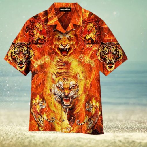 Tiger Playing With Fire Flame Pattern Aloha 3D Hawaiian Shirt Gift For Men And Women