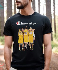 Champion Magic Johnson Kareem Abdul Jabbar and James Worthy LA Lakers signatures shirt