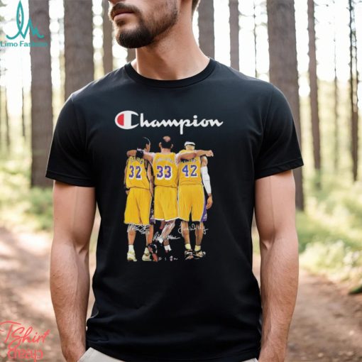 Champion Magic Johnson Kareem Abdul Jabbar and James Worthy LA Lakers signatures shirt