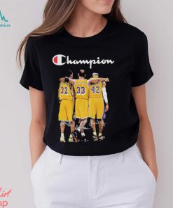 Champion Magic Johnson Kareem Abdul Jabbar and James Worthy LA Lakers signatures shirt