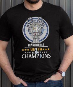 Design pep guardiola manchester city team uefa 2023 champions shirt
