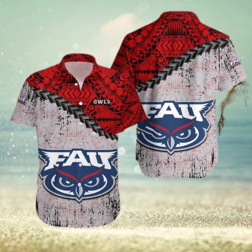 Florida Atlantic Owls NCAA Grunge Polynesian Tattoo Summer Gift For Fans 3D Hawaiian Shirt