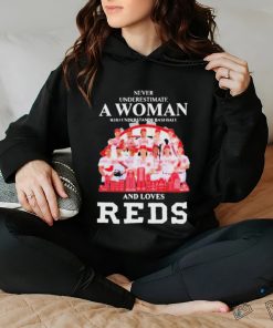 Official Never Underestimate A Woman Who Understands Baseball And Loves Cincinnati Reds Skyline Signatures Shirt