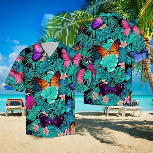 3D Beautiful Butterfly Blue Leaf Aloha Summer Beach Hawaiian Shirt