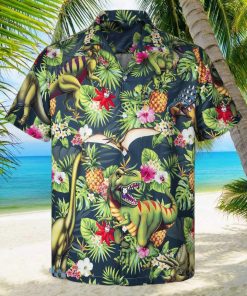 3D Trex Dinosaur Loves Pineapple Short Sleeve Summer Beach Hawaiian Shirt