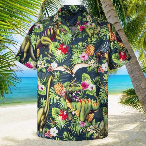 3D Trex Dinosaur Loves Pineapple Short Sleeve Summer Beach Hawaiian Shirt