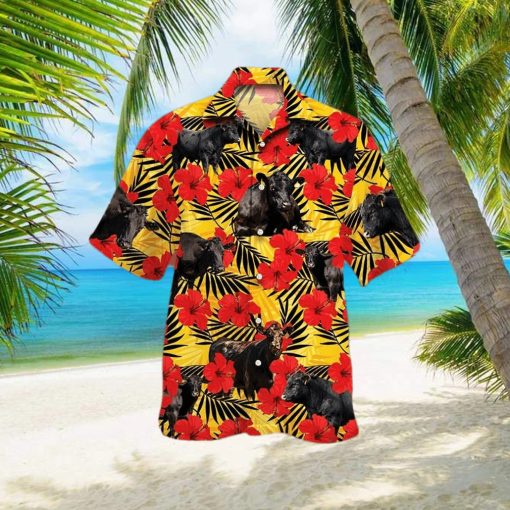 Black Angus Cattle Lovers Hibiscus Flower 3D Hawaiian Shirt