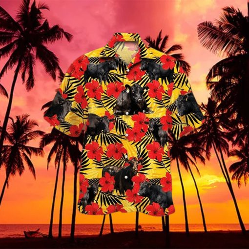 Black Angus Cattle Lovers Hibiscus Flower 3D Hawaiian Shirt