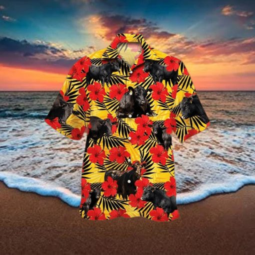 Black Angus Cattle Lovers Hibiscus Flower 3D Hawaiian Shirt