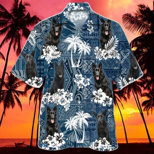 Black German Shepherd In Tropical Plants Pattern Blue And White Hawaiian Shirt