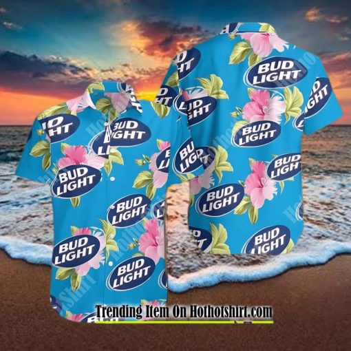 Bud Light Beer Pink Flowers Hawaiian Shirt