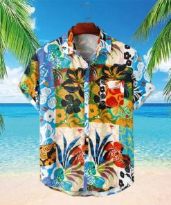 ChArmkpR European and American men s Hawaiian holiday style flower contrast creative stitching printed shirt