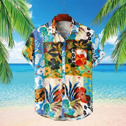 ChArmkpR European and American men s Hawaiian holiday style flower contrast creative stitching printed shirt