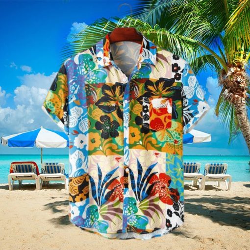 ChArmkpR European and American men s Hawaiian holiday style flower contrast creative stitching printed shirt