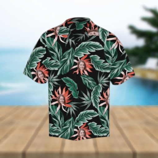 Custom Face Red Flowers Green Leaves Men s All Over Print Hawaiian Shirt