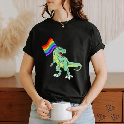 Dinosaur T Rex hold LGBT Flag shirt