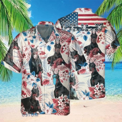 Doberman Pinscher Dog United States Flag With Flowers Hawaiian Shirt Aloha Shirt For Men Women