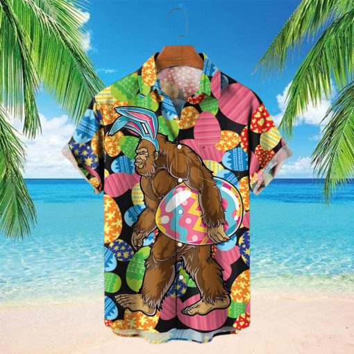 Easter Egg Hunter Bigfoot Print Chest Pocket Short Sleeve Hawaiian Shirt