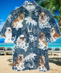 English Bulldo In Tropical Plants Pattern Blue And White Hawaiian Shirt Aloha Shirt For Men Women