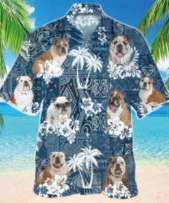 English Bulldo In Tropical Plants Pattern Blue And White Hawaiian Shirt Aloha Shirt For Men Women