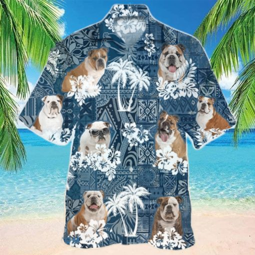 English Bulldo In Tropical Plants Pattern Blue And White Hawaiian Shirt Aloha Shirt For Men Women