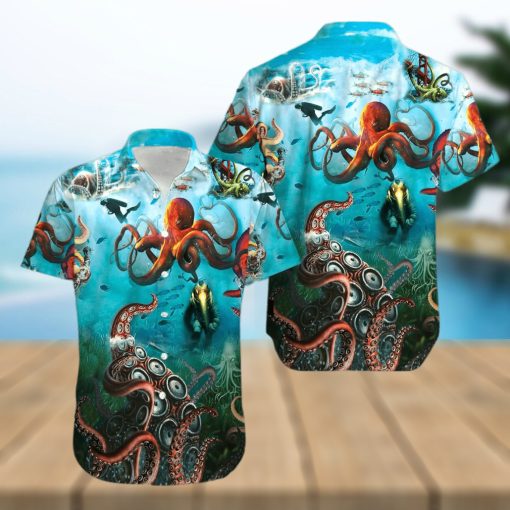 Giant Octopus And Diver Unisex Hawaiian Shirts