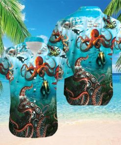 Giant Octopus And Diver Unisex Hawaiian Shirts