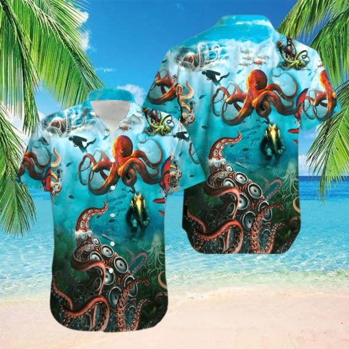 Giant Octopus And Diver Unisex Hawaiian Shirts