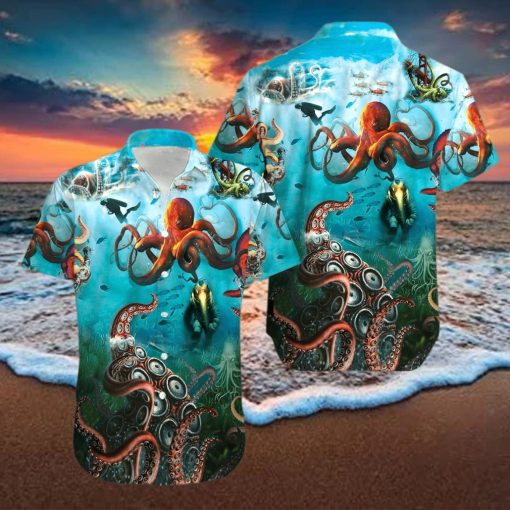 Giant Octopus And Diver Unisex Hawaiian Shirts