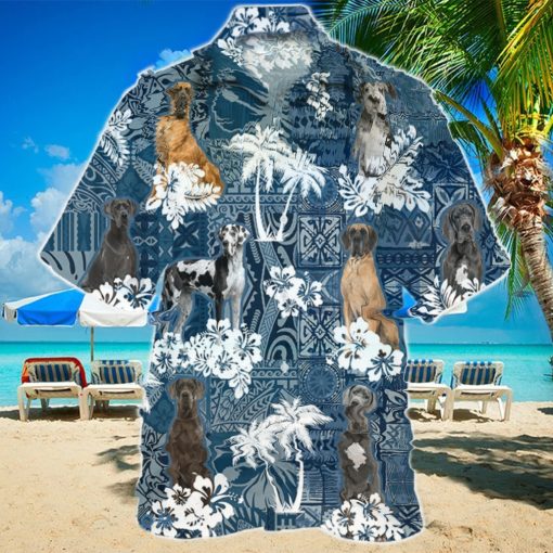 Great Dane In Tropical Plants Pattern Blue And White Hawaiian Shirt Best Gift For Dog Lover