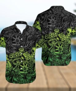 Green Motorbike Skull Mechanical Hawaiian Aloha Shirts Dh