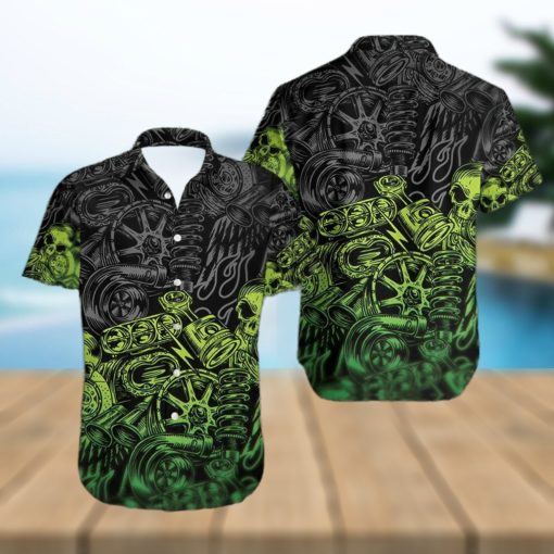 Green Motorbike Skull Mechanical Hawaiian Aloha Shirts Dh