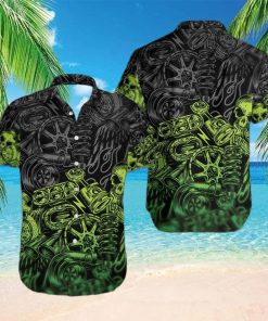 Green Motorbike Skull Mechanical Hawaiian Aloha Shirts Dh