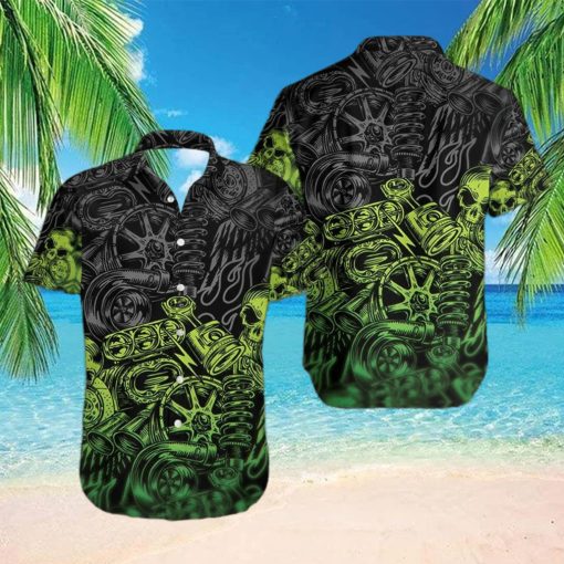 Green Motorbike Skull Mechanical Hawaiian Aloha Shirts Dh