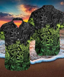 Green Motorbike Skull Mechanical Hawaiian Aloha Shirts Dh