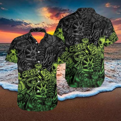 Green Motorbike Skull Mechanical Hawaiian Aloha Shirts Dh