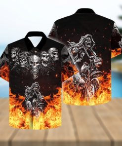 Grim Reaper Riding Motorcycles Flame Skull Hawaiian Aloha Shirts