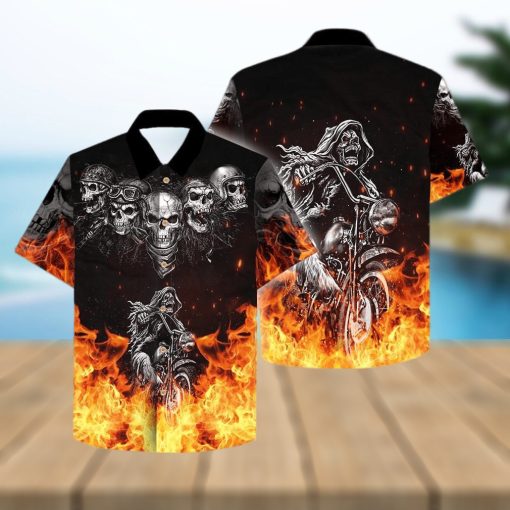 Grim Reaper Riding Motorcycles Flame Skull Hawaiian Aloha Shirts