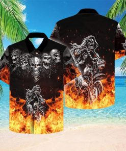 Grim Reaper Riding Motorcycles Flame Skull Hawaiian Aloha Shirts