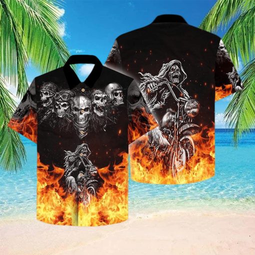 Grim Reaper Riding Motorcycles Flame Skull Hawaiian Aloha Shirts