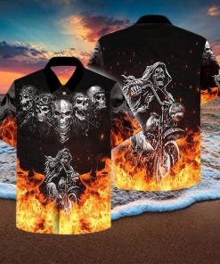 Grim Reaper Riding Motorcycles Flame Skull Hawaiian Aloha Shirts