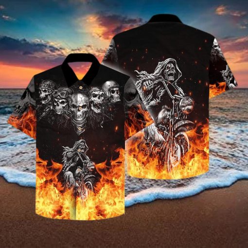 Grim Reaper Riding Motorcycles Flame Skull Hawaiian Aloha Shirts