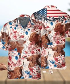 Highland Cow Cattle With American Flag Hawaiian Shirt