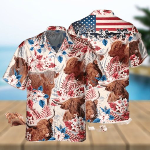 Highland Cow Cattle With American Flag Hawaiian Shirt