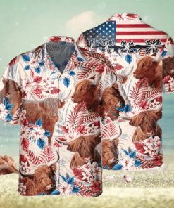 Highland Cow Cattle With American Flag Hawaiian Shirt